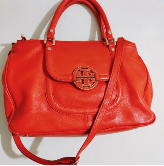 Tory Burch Amanda Orange Leather Logo Satchel Shoulder Bag –With Matching Mirror - Picture 2 of 14